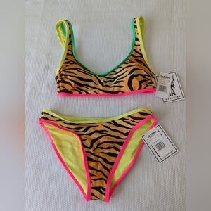 California Sunshine neon and animal stripes bikini set - size Small.